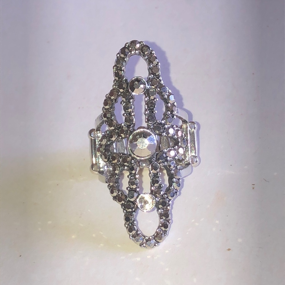 Elegant Silver Tone Crystal Filigree Boho Statement Ring